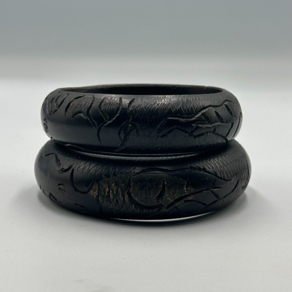 3/$30 Wood Bangle Bracelet Lot Carved Rhino Animal Design Dark Brown Wooden